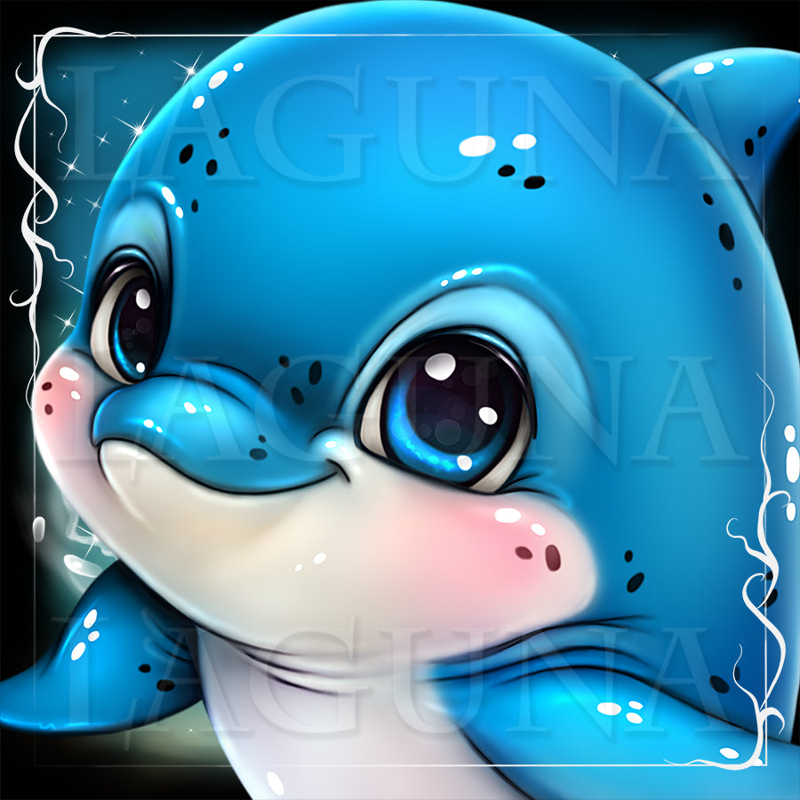 Cartoon blue dolphin with large eyes and pink cheeks on a dark background