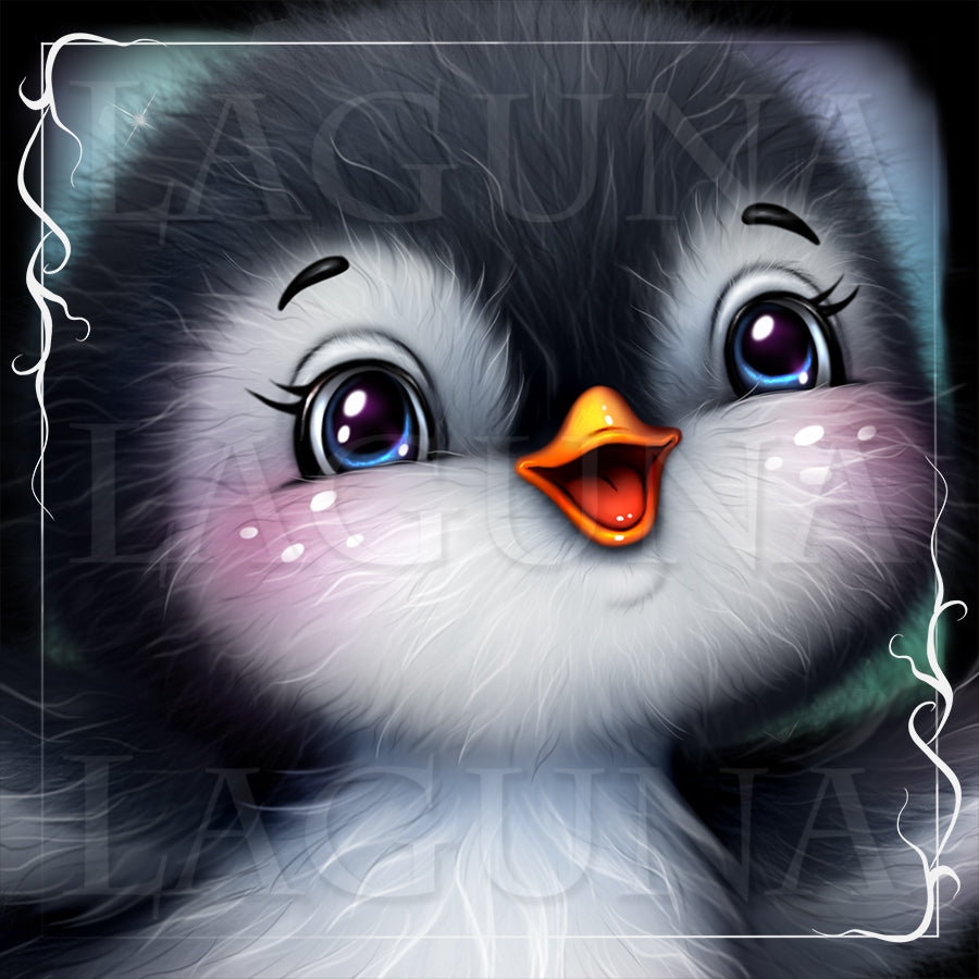 Close up of a cute baby penguin with blue eyes.