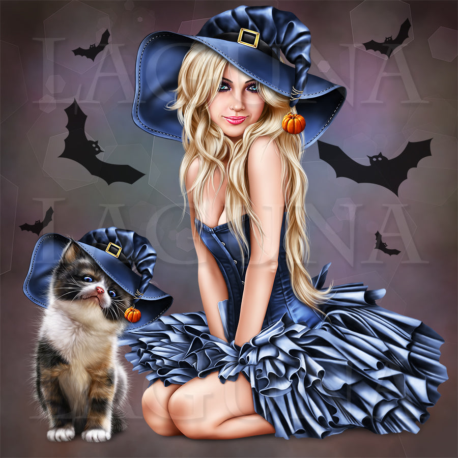 Blonde Witch with Calico Kitten