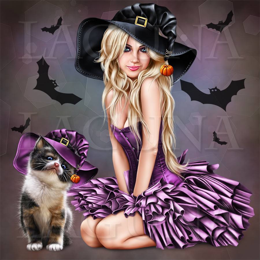 Blonde Witch with Calico Kitten