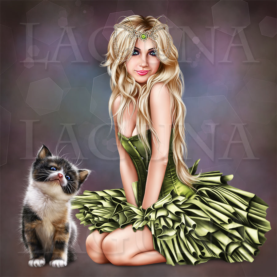Blonde Witch with Calico Kitten