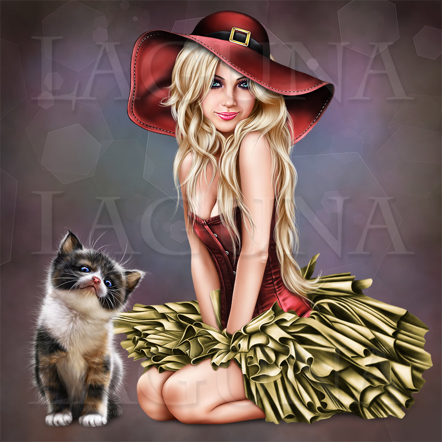 Blonde Witch with Calico Kitten