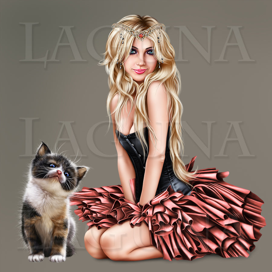 Blonde Witch with Calico Kitten