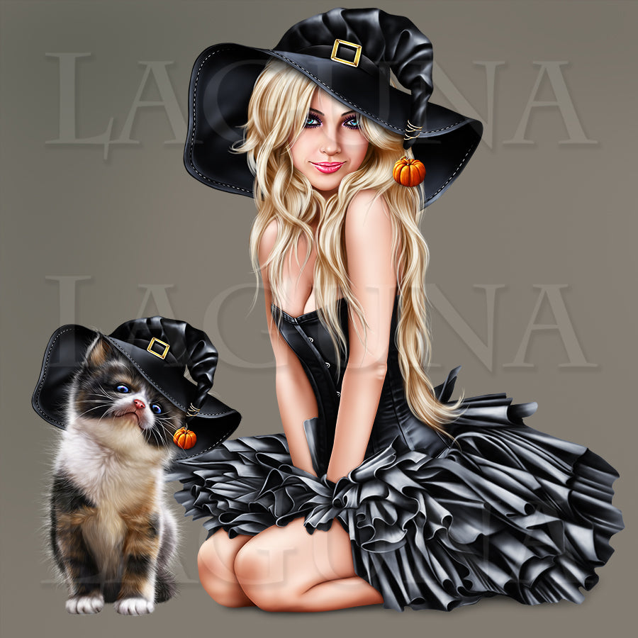 Blonde Witch with Calico Kitten