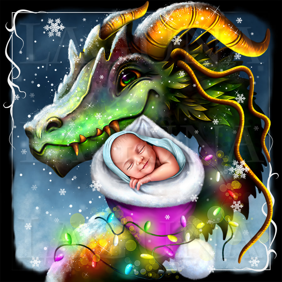 Christmas Dragon and Baby in Santa's Hat