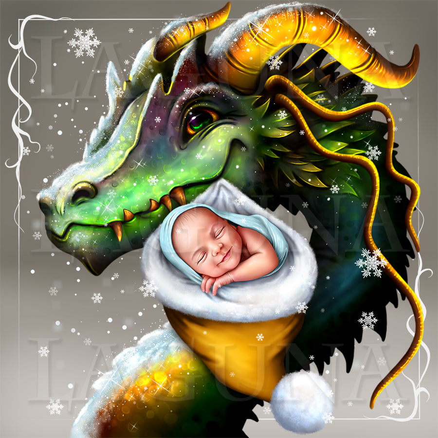 Christmas Dragon and Baby in Santa's Hat