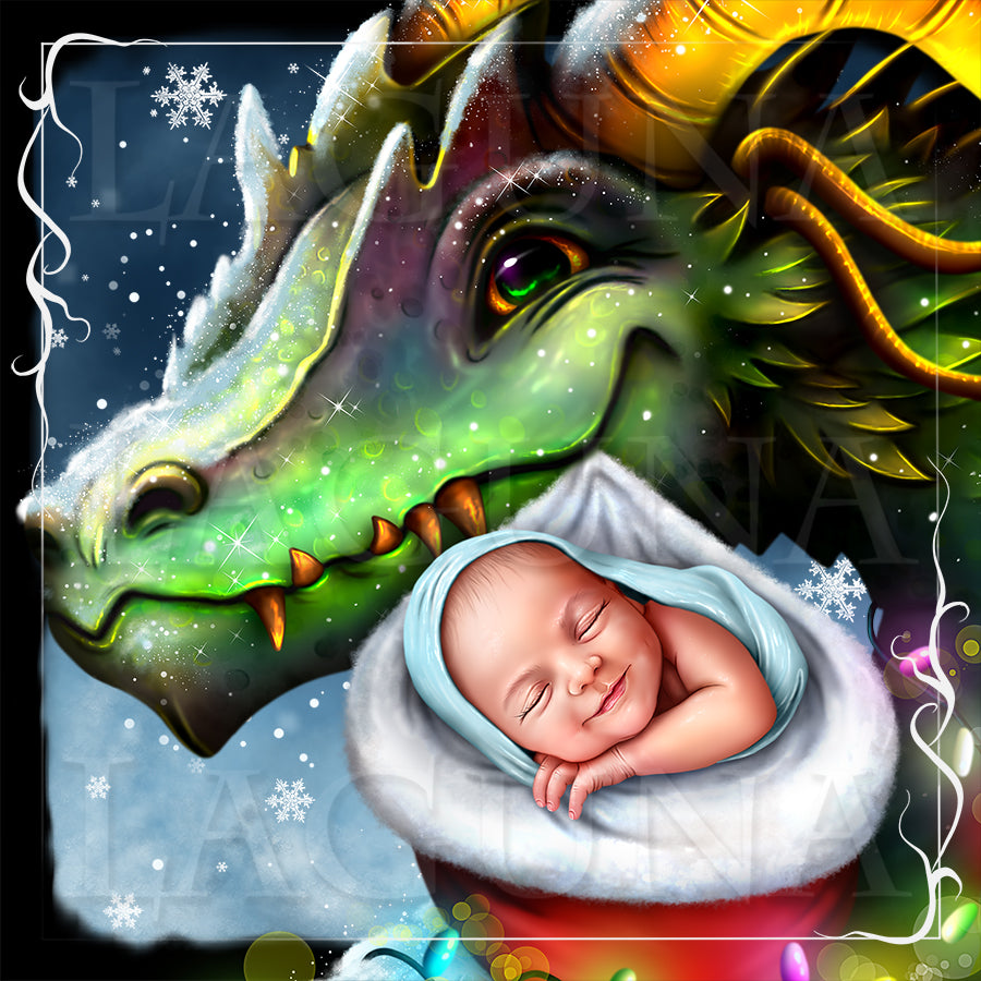 Christmas Dragon and Baby in Santa's Hat