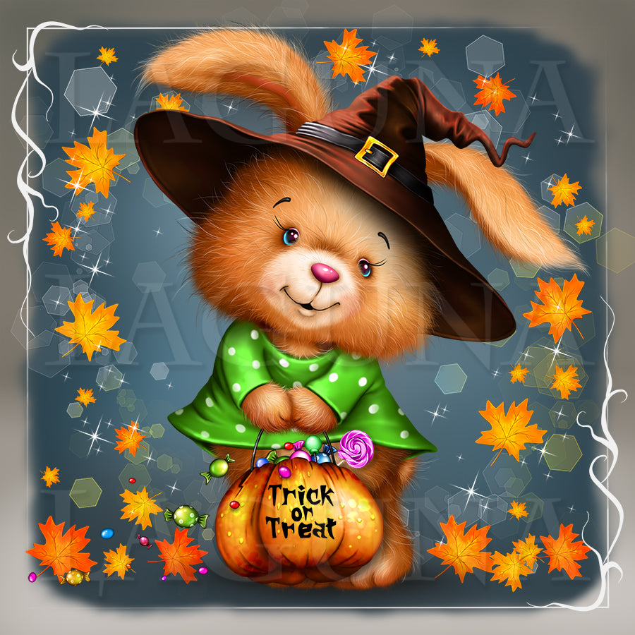 Halloween Bunny with Bunch of Carrots and Pumpkin Bag