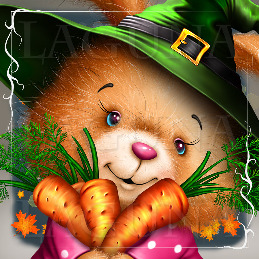 Halloween Bunny with Bunch of Carrots and Pumpkin Bag