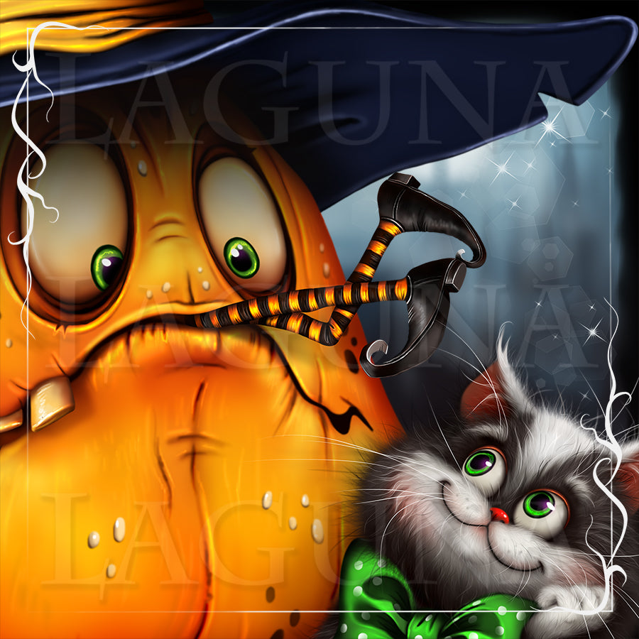 Halloween Cat and Witch Eating Pumpkin