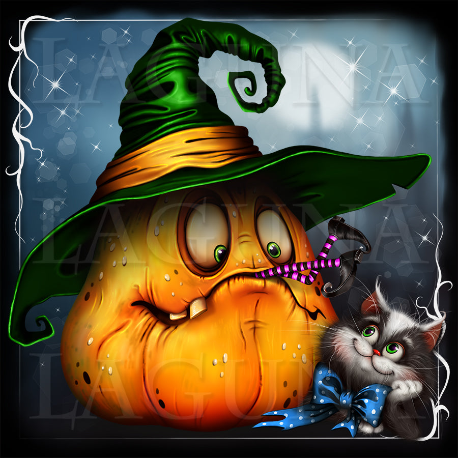 Halloween Cat and Witch Eating Pumpkin
