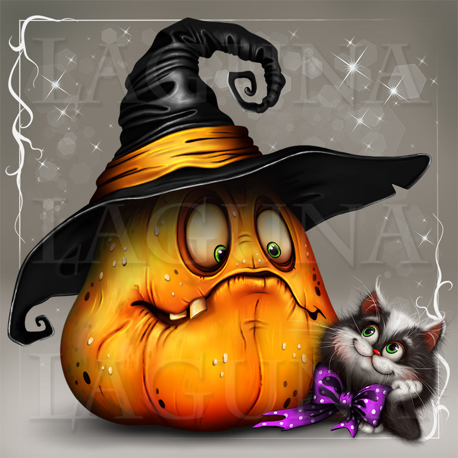 Halloween Cat and Witch Eating Pumpkin