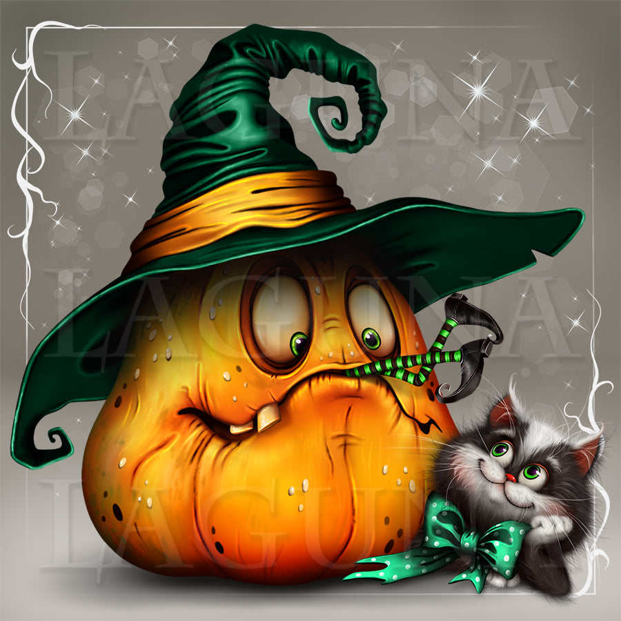 Halloween Cat and Witch Eating Pumpkin