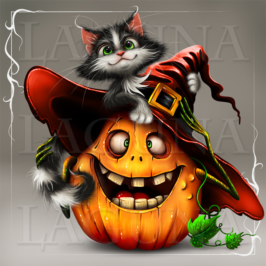 Halloween Pumpkin with Kitty on Hat