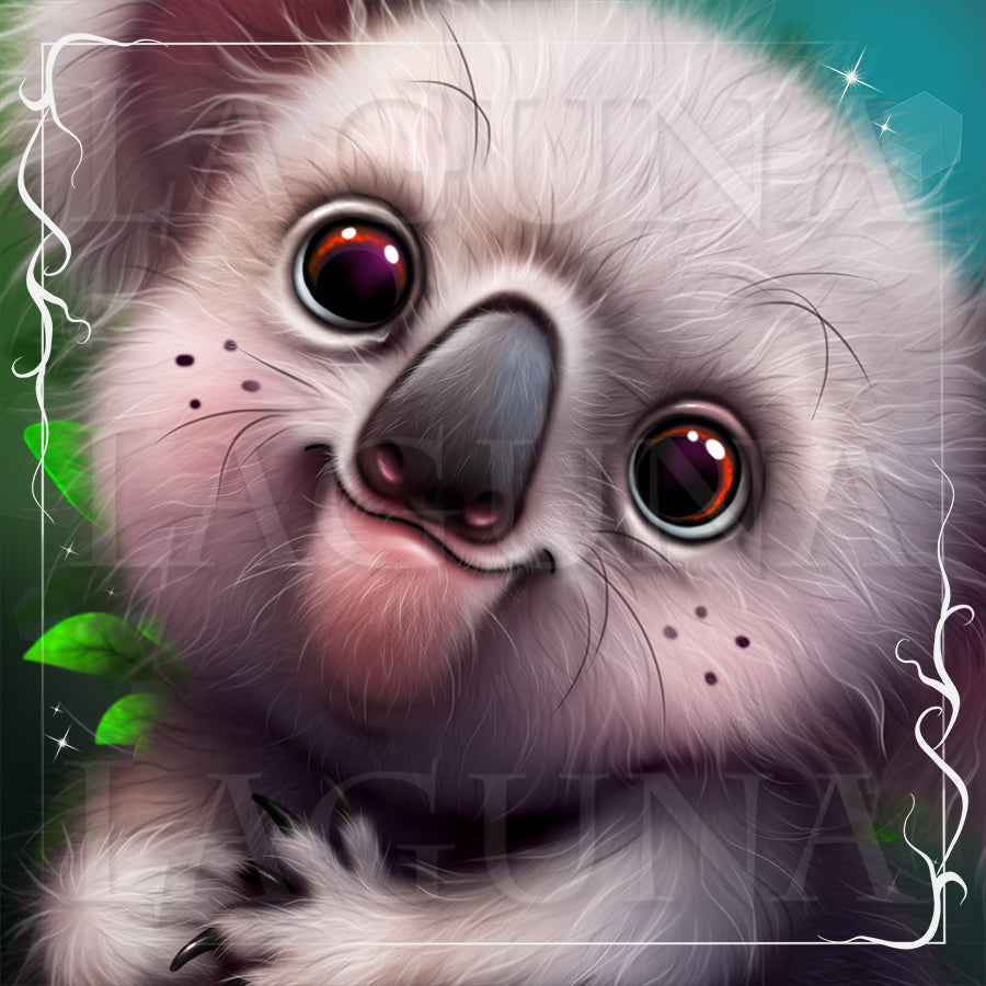 Illustration of a cute animal with large eyes and a fluffy texture, surrounded by green leaves on a dark background.