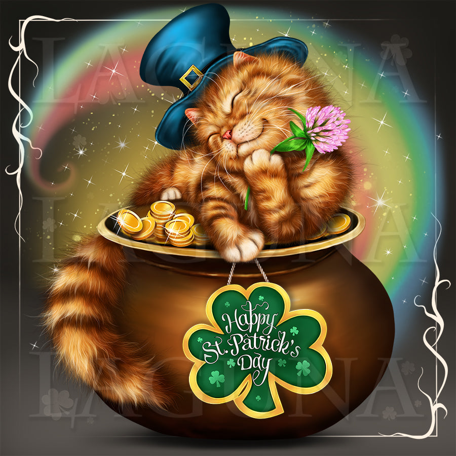 Leprechaun Kitty Lying on Pot with Gold