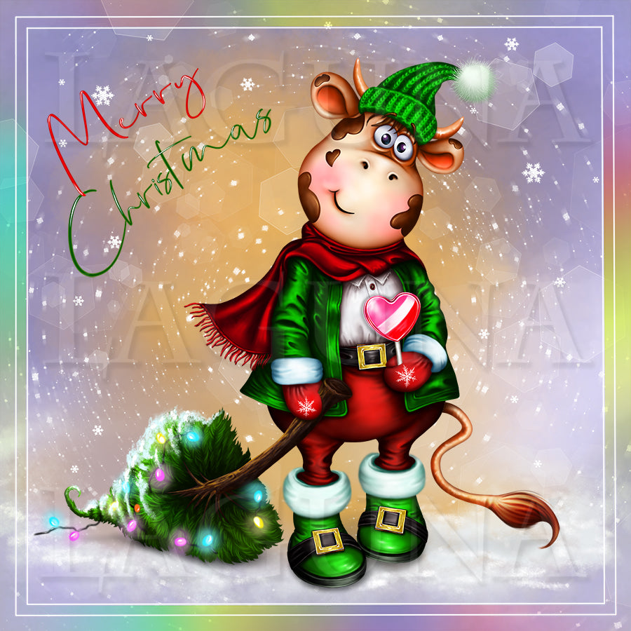 Little Cow with Lollipop and Christmas Tree