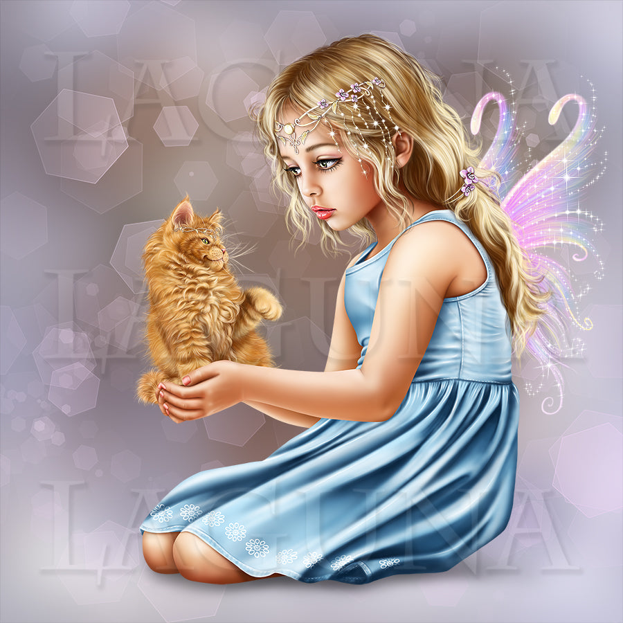 Little Fairy with Lantern and Kitten