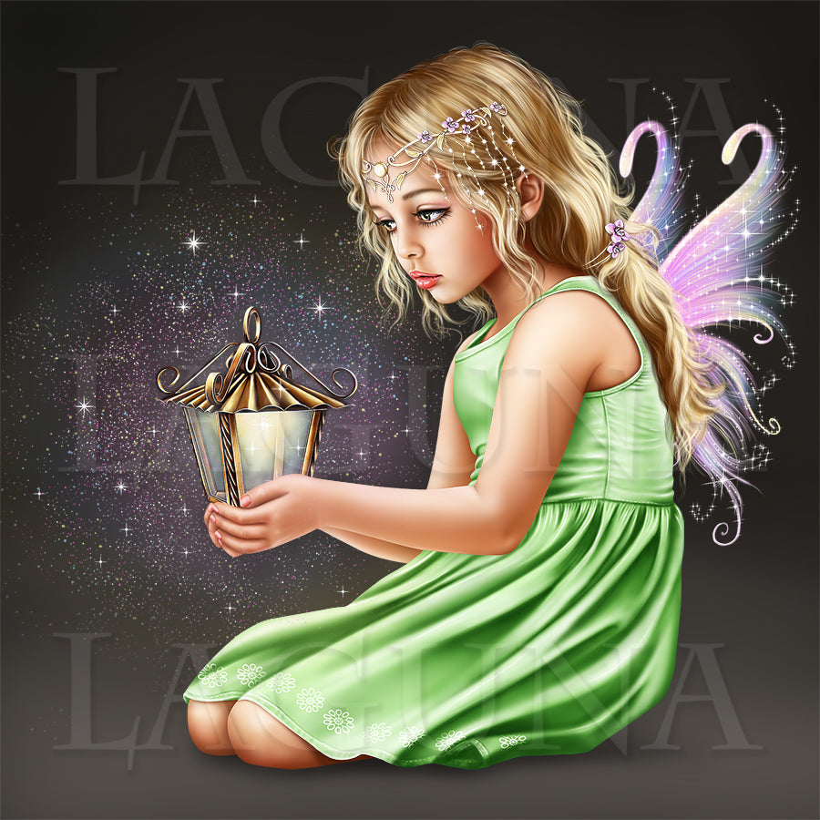 Little Fairy with Lantern and Kitten