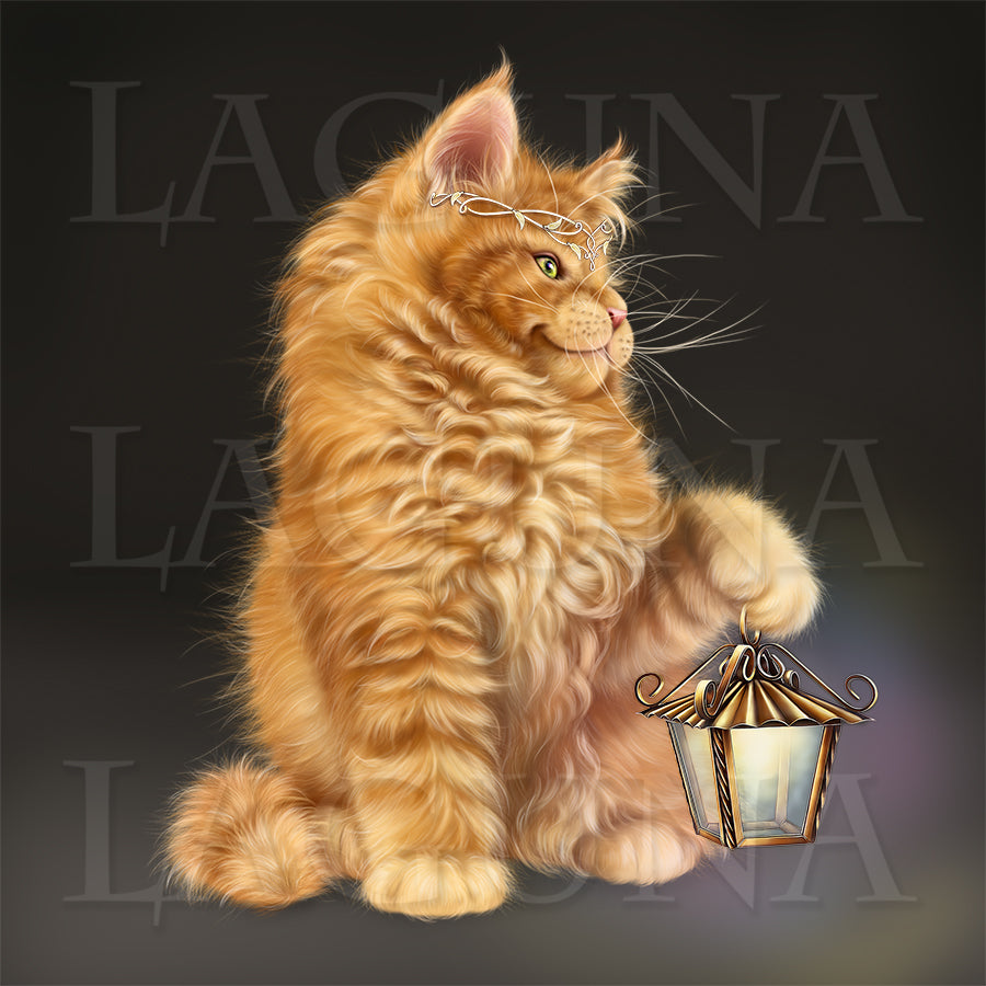 Little Fairy with Lantern and Kitten