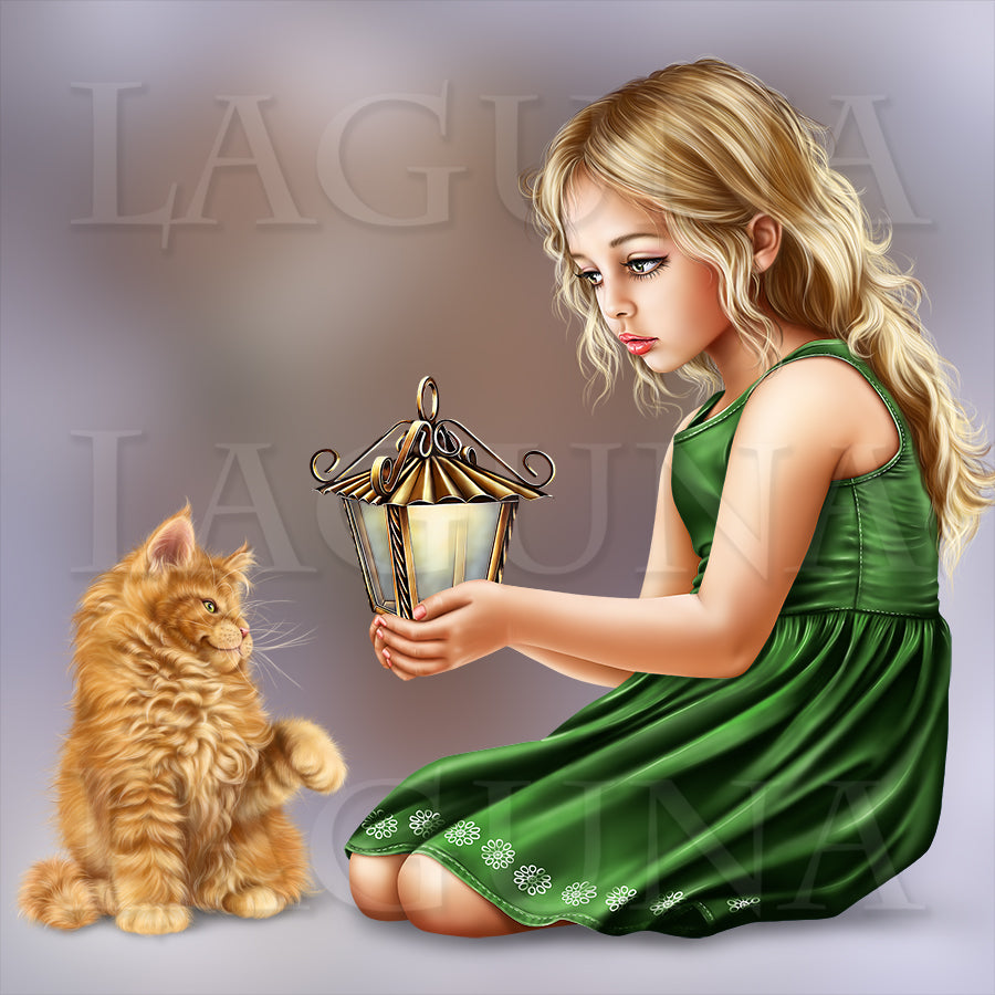 Little Fairy with Lantern and Kitten