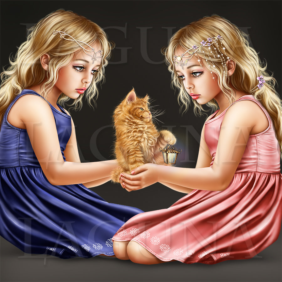 Little Fairy with Lantern and Kitten