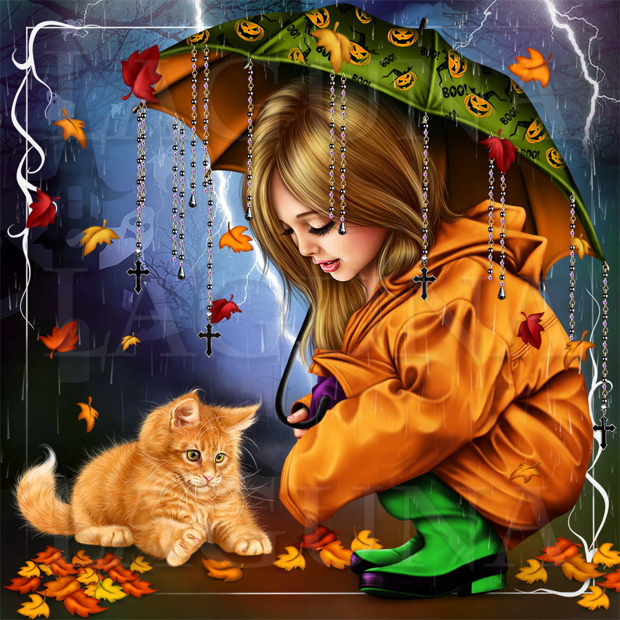 Little Girl in Raincoat with a Kitty