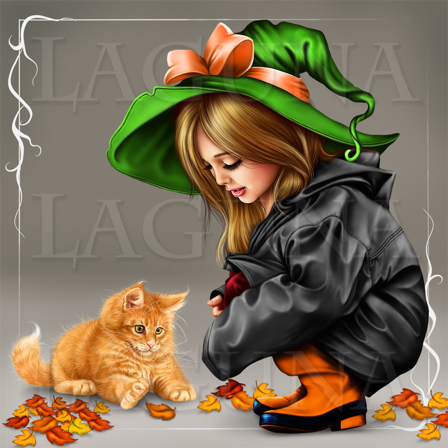 Little Girl in Raincoat with a Kitty