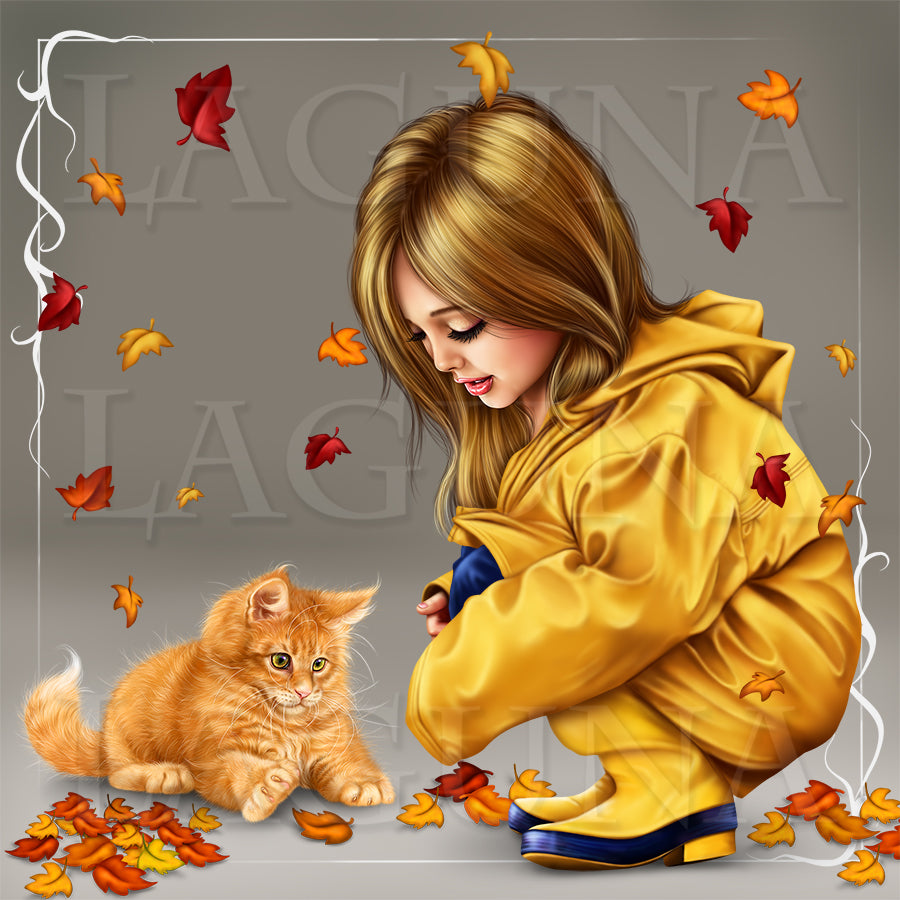 Little Girl in Raincoat with a Kitty