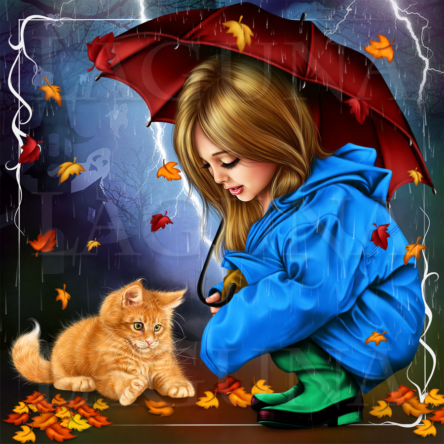 Little Girl in Raincoat with a Kitty