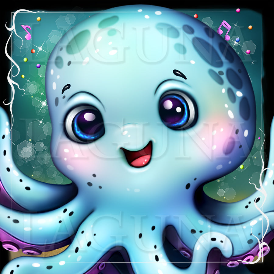 Close-up of a kawaii baby octopus with big blue eyes and happy smile.