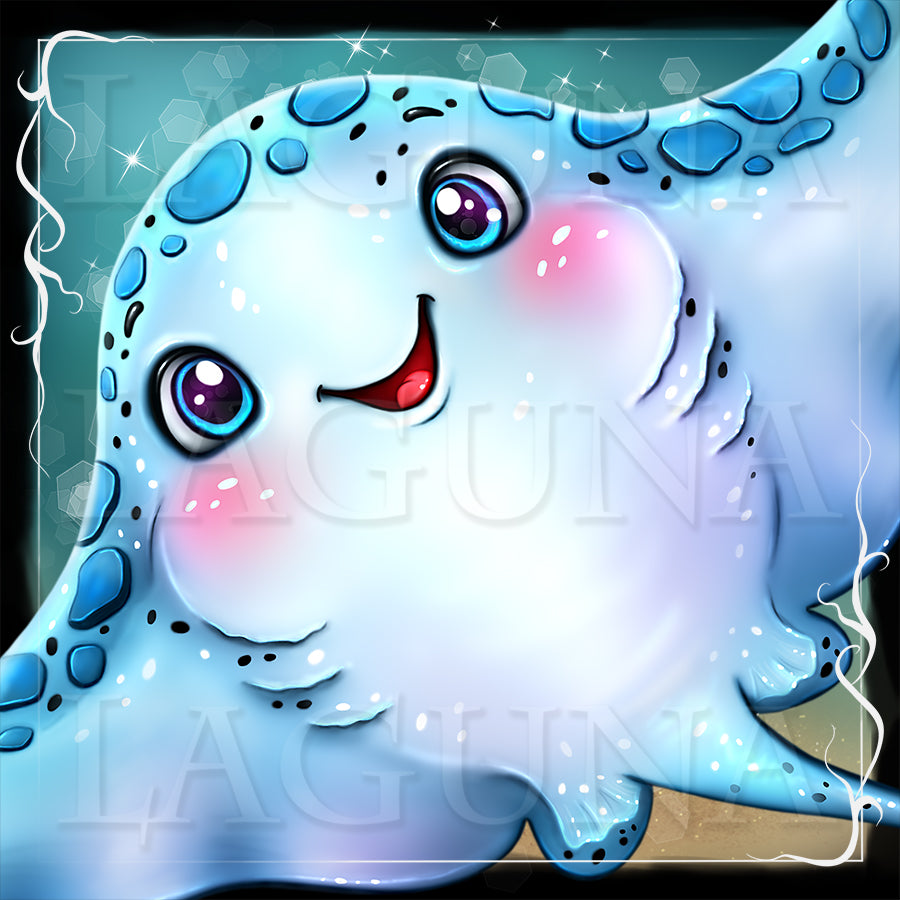 A cute cartoon ray with large expressive eyes, pink cheeks, and blue spots.
