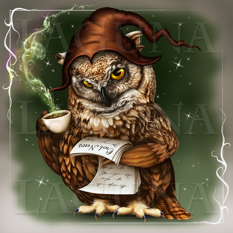 Owl with Cup of Tea and a Newspaper