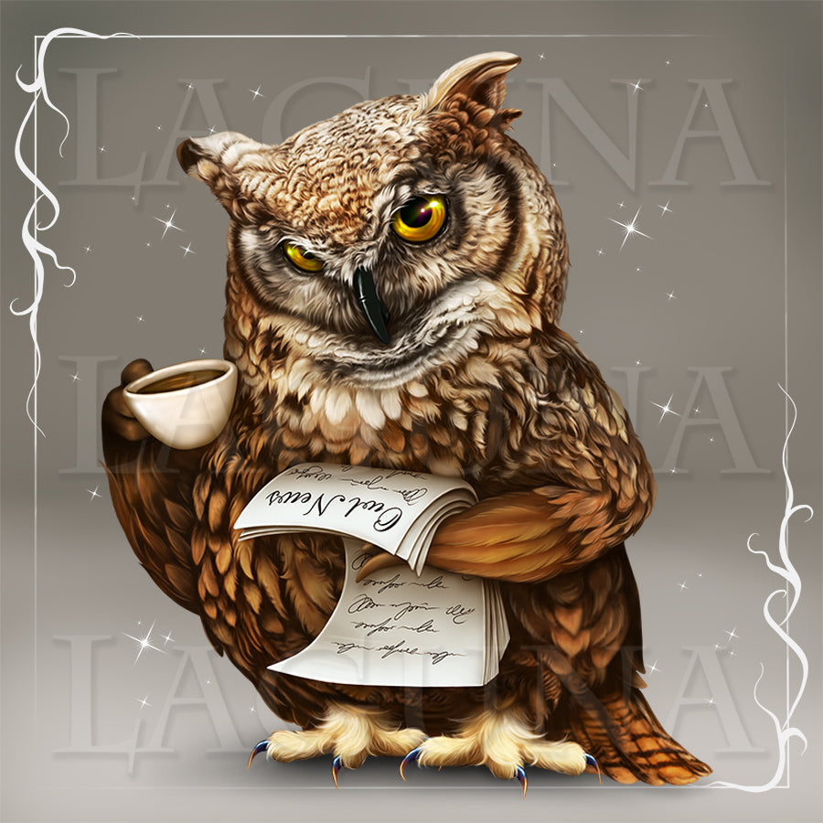 Owl with Cup of Tea and a Newspaper