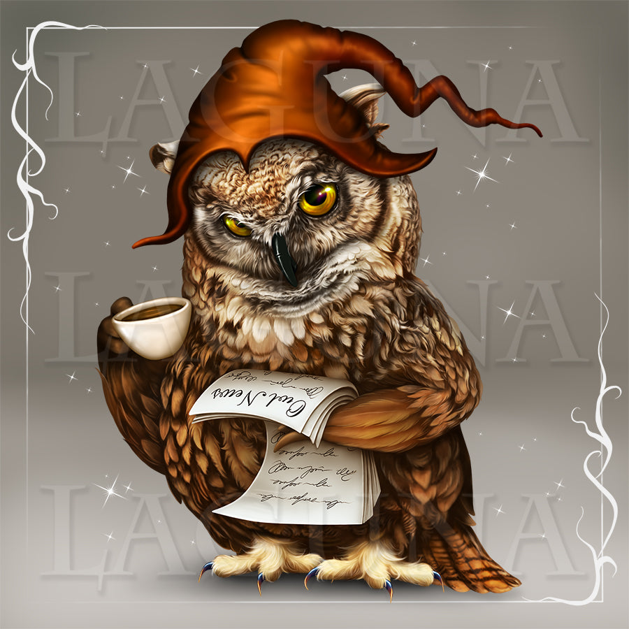 Owl with Cup of Tea and a Newspaper