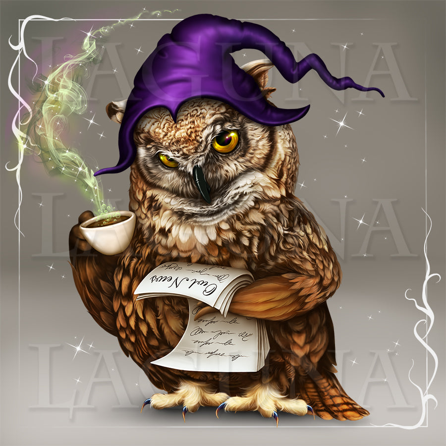 Owl with Cup of Tea and a Newspaper