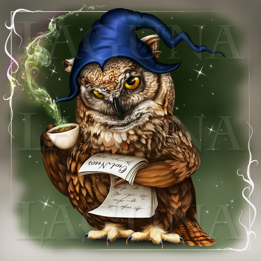 Owl with Cup of Tea and a Newspaper