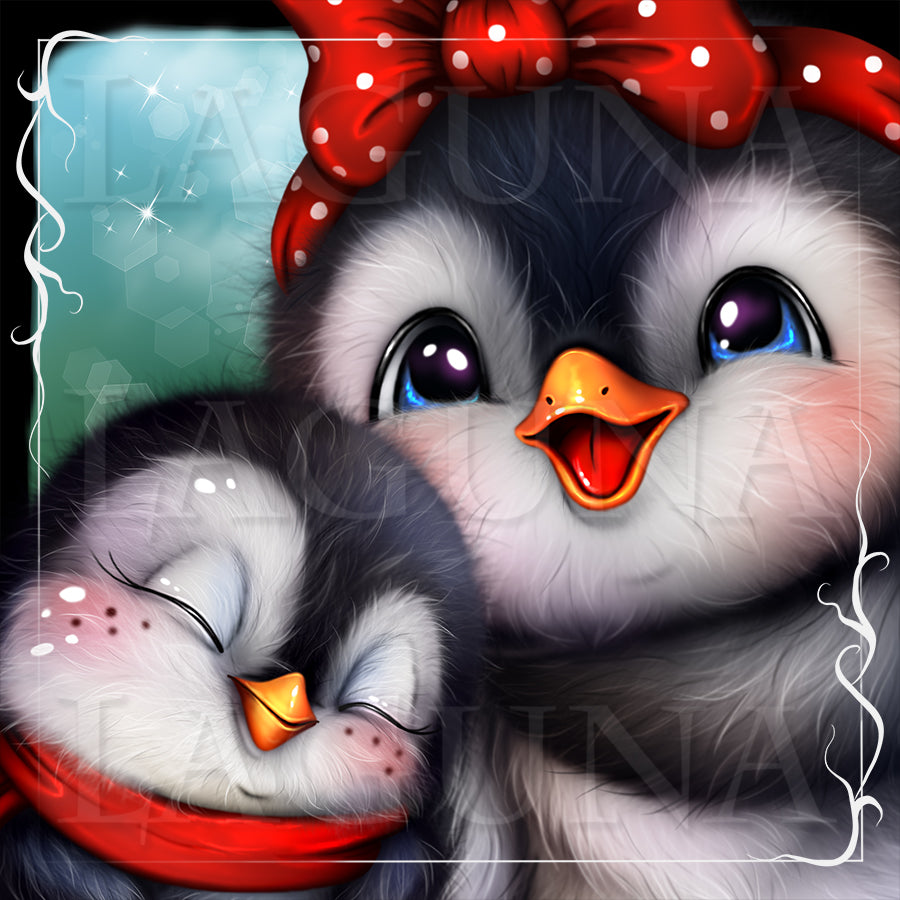 Two cartoon penguins with one wearing a red bow and scarf on a light blue background.