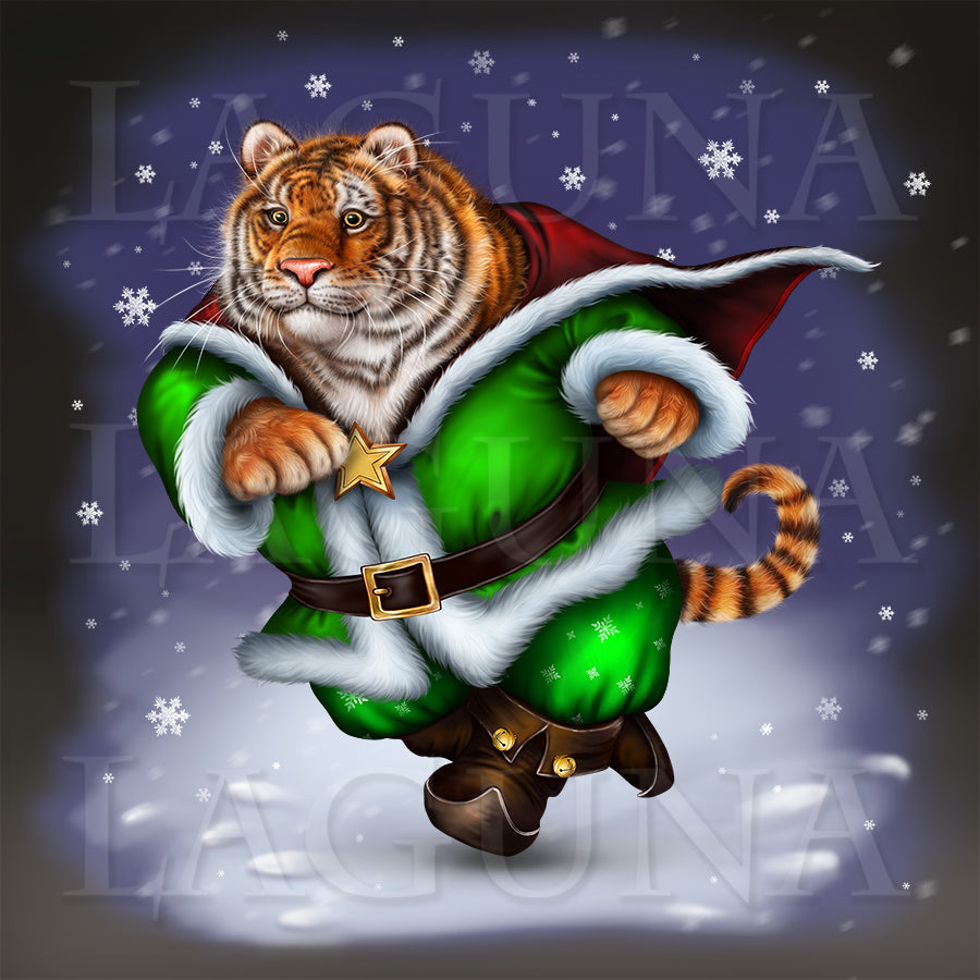 Santa Tiger Hurrying Up for Christmas