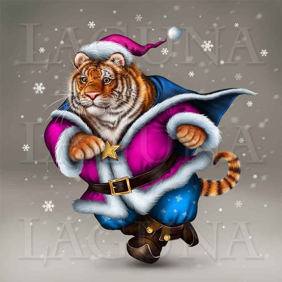 Santa Tiger Hurrying Up for Christmas