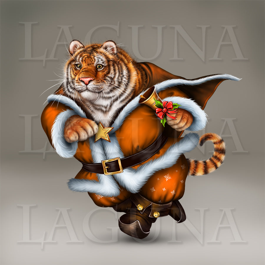 Santa Tiger Hurrying Up for Christmas