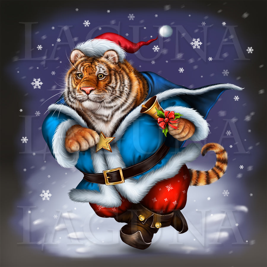 Santa Tiger Hurrying Up for Christmas