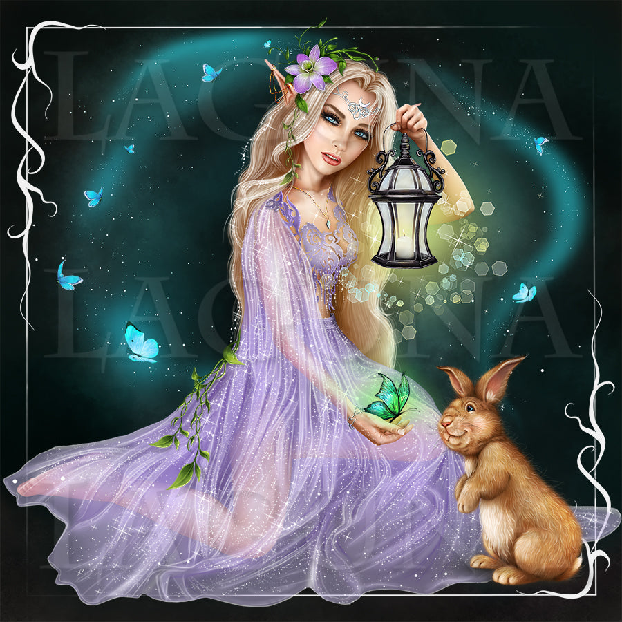 Spring Elf Girl with Bunny and Butterflies