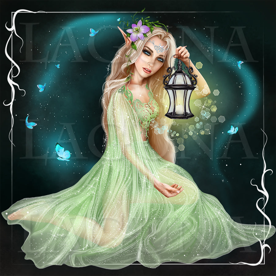 Spring Elf Girl with Bunny and Butterflies