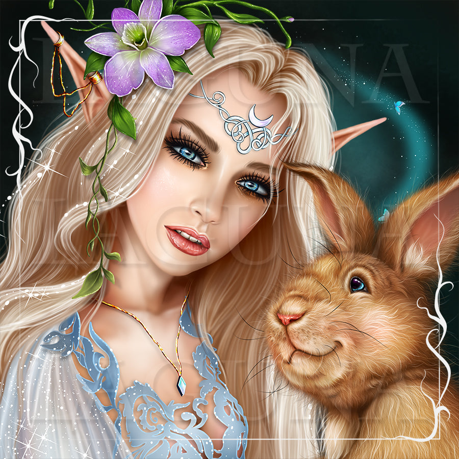 Spring Elf Girl with Bunny and Butterflies