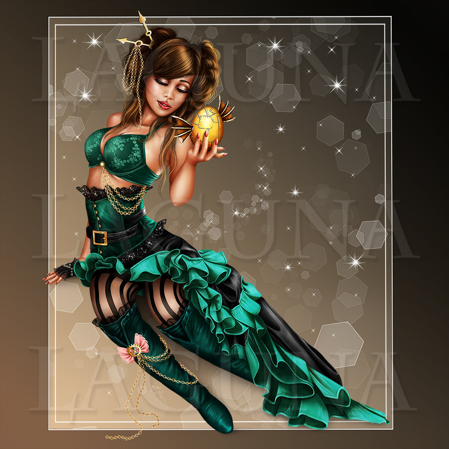 Steampunk Easter Leprechaun Girl Sitting on Cat