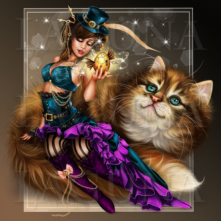 Steampunk Easter Leprechaun Girl Sitting on Cat