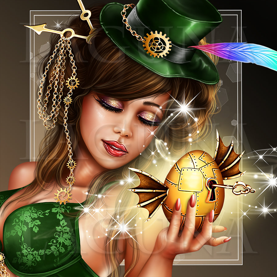 Steampunk Easter Leprechaun Girl Sitting on Cat