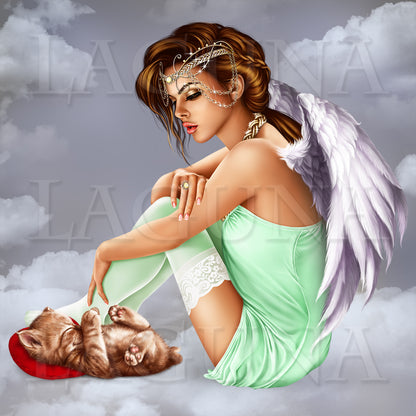 Angel Girl with Sleeping Kitten