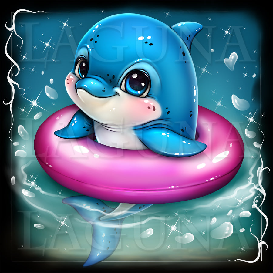 Cartoon dolphin with a pink swimming ring